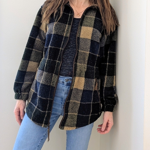 Vintage Woolrich Plaid Zipper Front Fleece Jacket In Forest Green/Navy